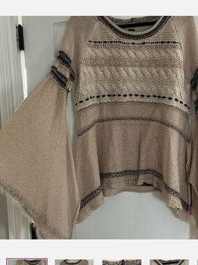 Free People Beige Cable-Knit Bell Sleeve Sweater with Contrast Stripes